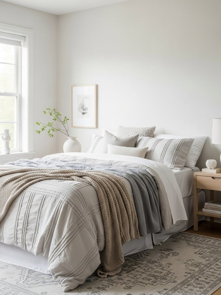 Layered ivory and gray bedroom palette designed for compact modern spaces