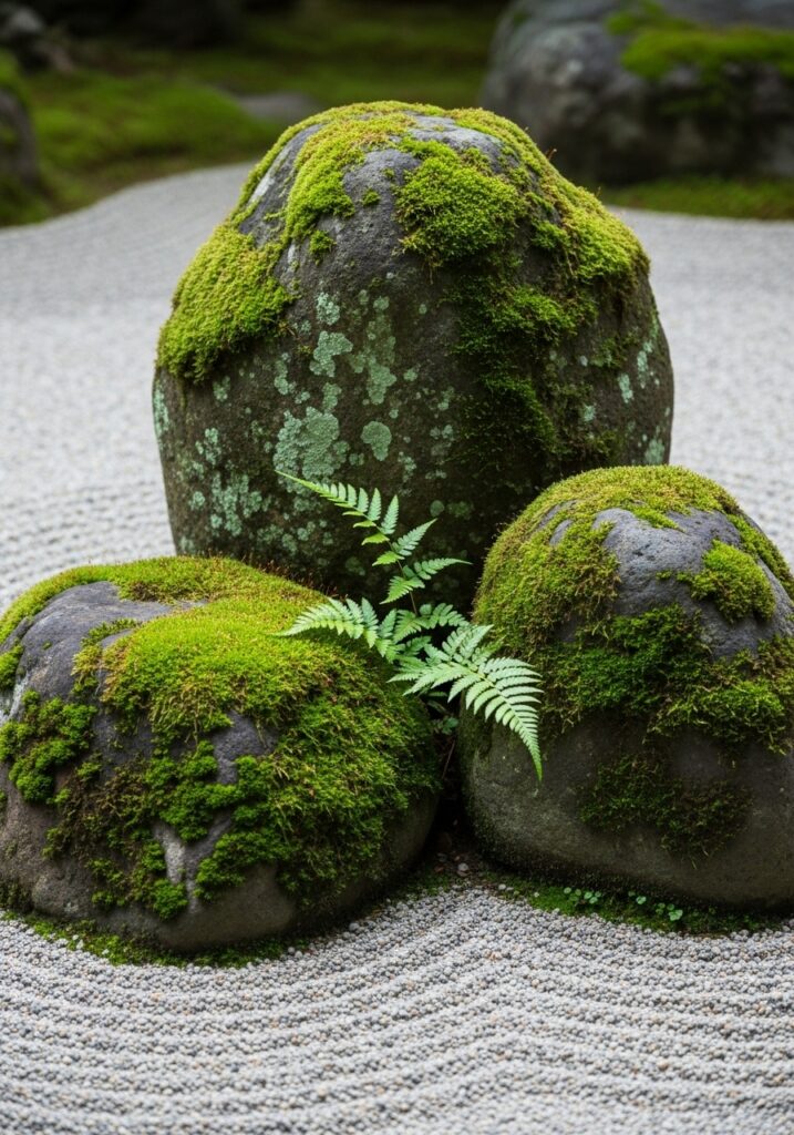 Close-up of Japanese garden rock arrangement with moss and ferns

