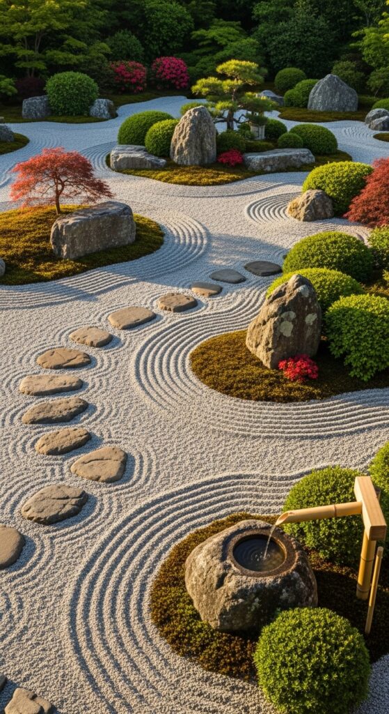 Peaceful Japanese zen garden with raked gravel, statement rocks, and bamboo water feature