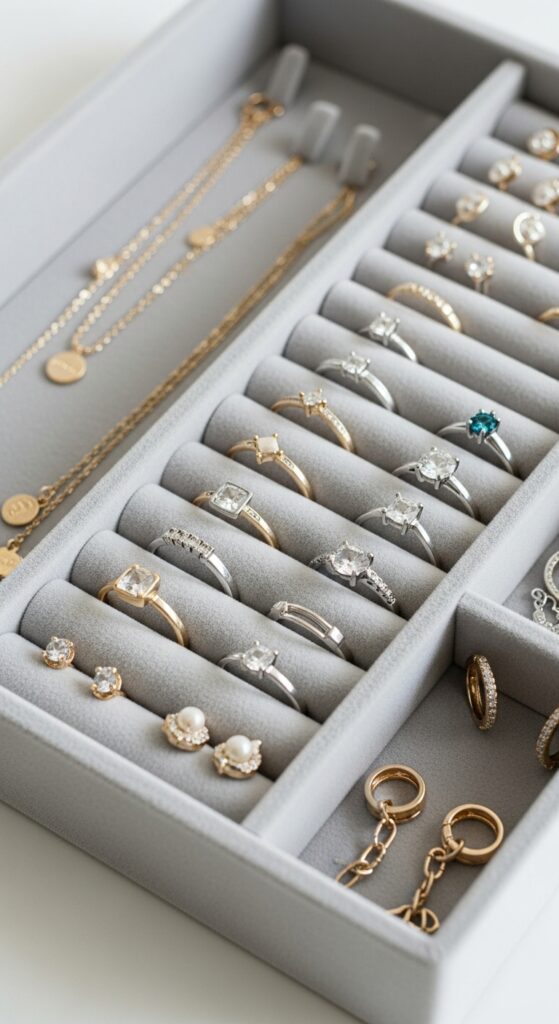 Velvet jewelry organizer tray with compartments preventing tangled jewelry

