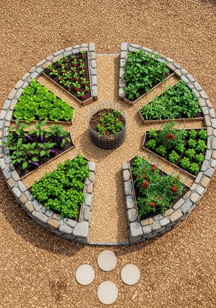 Circular keyhole raised garden bed with central composting basket and radial planting sections