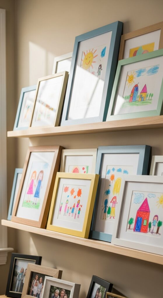 Children's artwork professionally framed and displayed on shelf with pride