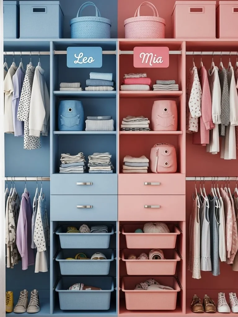 Shared bedroom closet divided fairly into two color-coded sections for siblings with equal storage space and organization