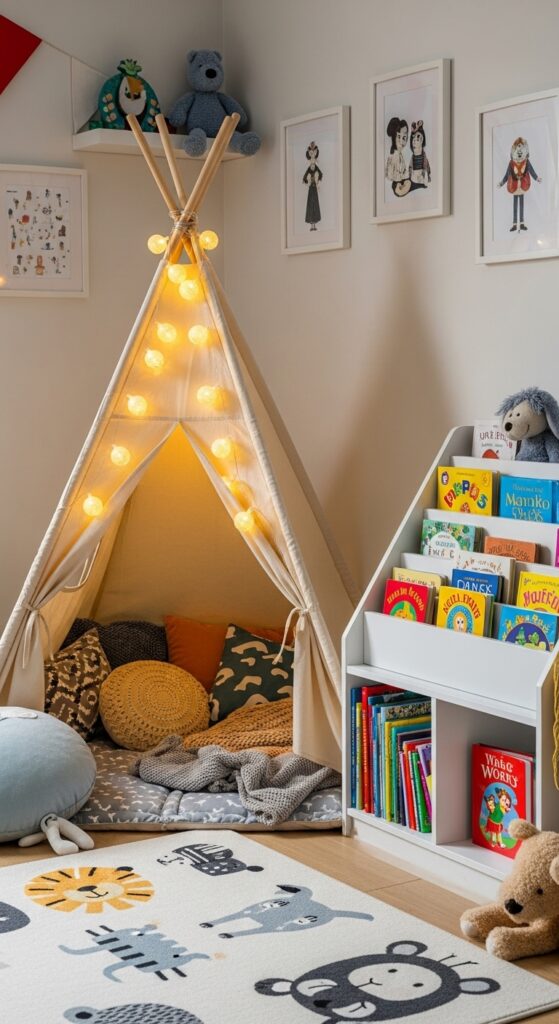  Kids reading corner with canvas teepee tent, string lights, and children's bookshelf
