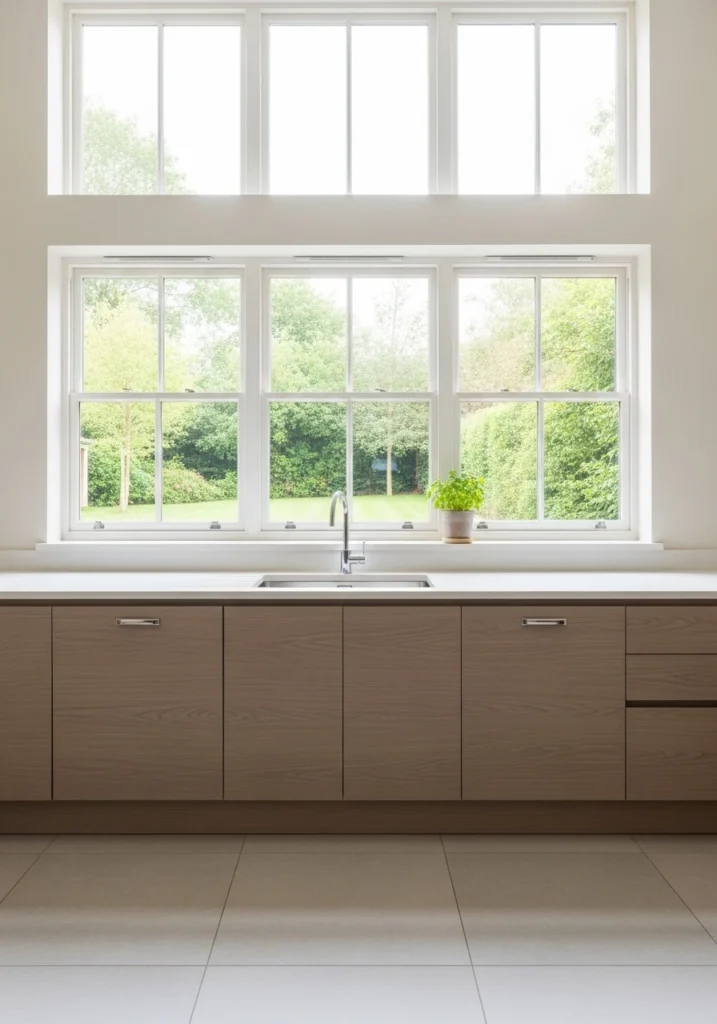 Kitchen with no upper cabinets showing large windows and open airy design