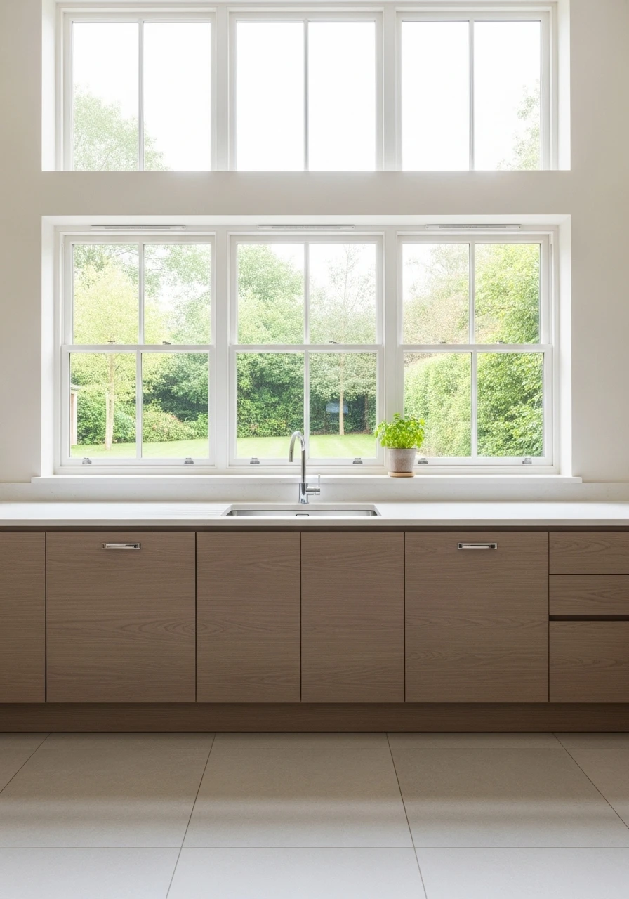 Kitchen with no upper cabinets showing large windows and open airy design