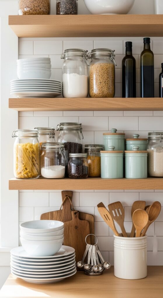 Kitchen open shelves with dishes and food items styled beautifully and functionally
