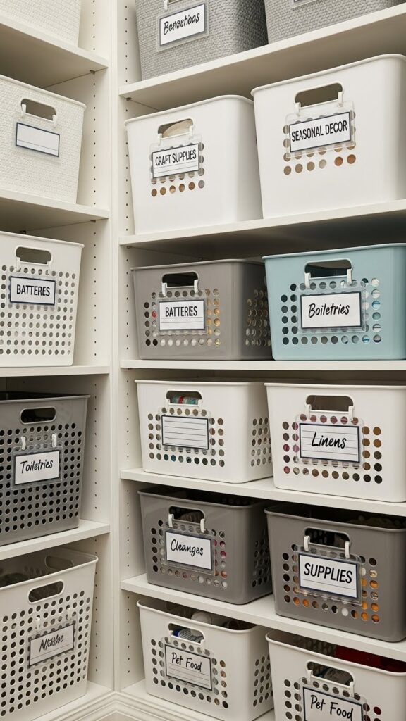 Dollar store label holders creating professional organized look in kids closet