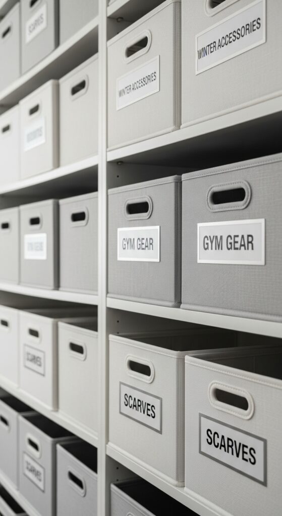 Labeled fabric bins creating organized closet system with categories

