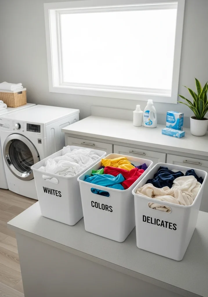 Three labeled bins for sorting laundry by color and type