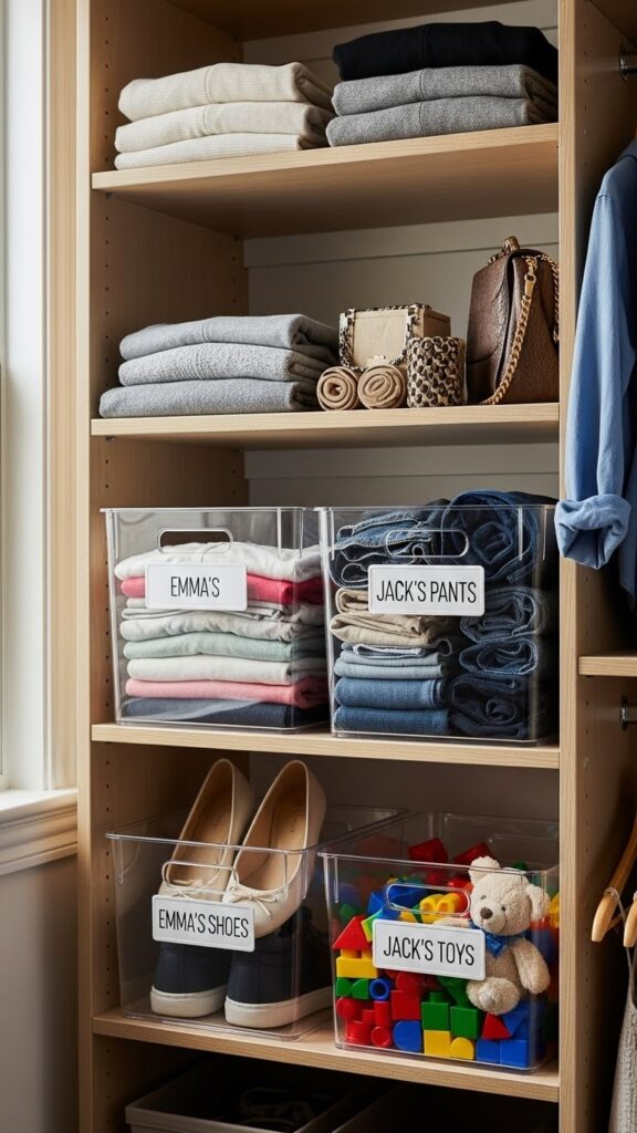 Shared kids closet with personalized name labels on every shelf and bin identifying each child's belongings
