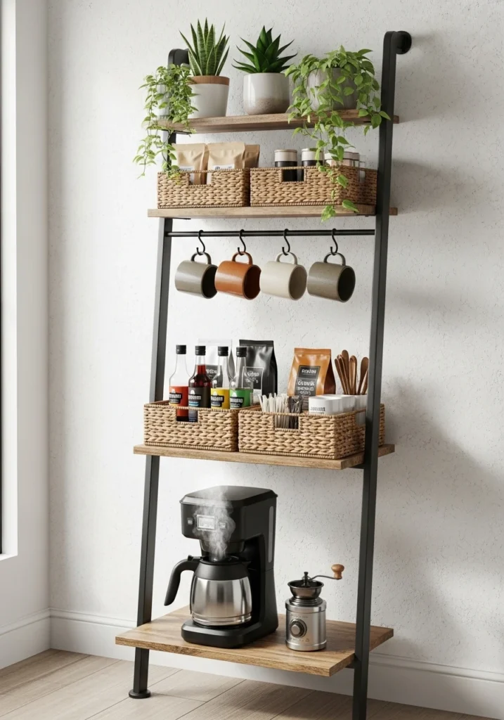 Leaning ladder shelf coffee bar with hanging mugs, baskets, and plants