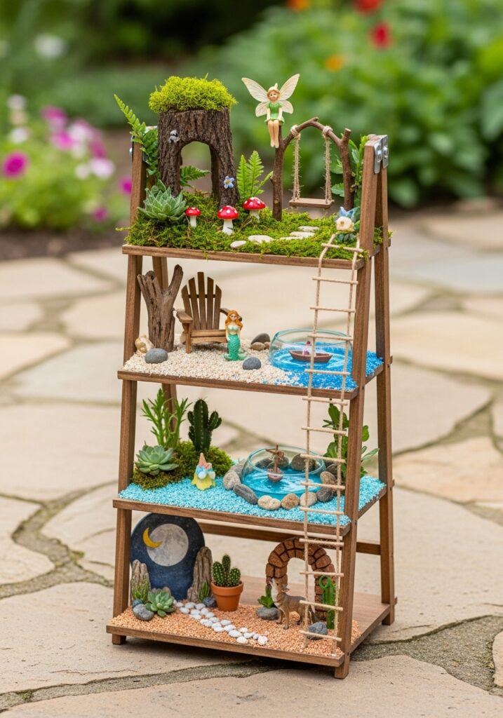 Three-tiered ladder shelf with different fairy garden scenes on each level