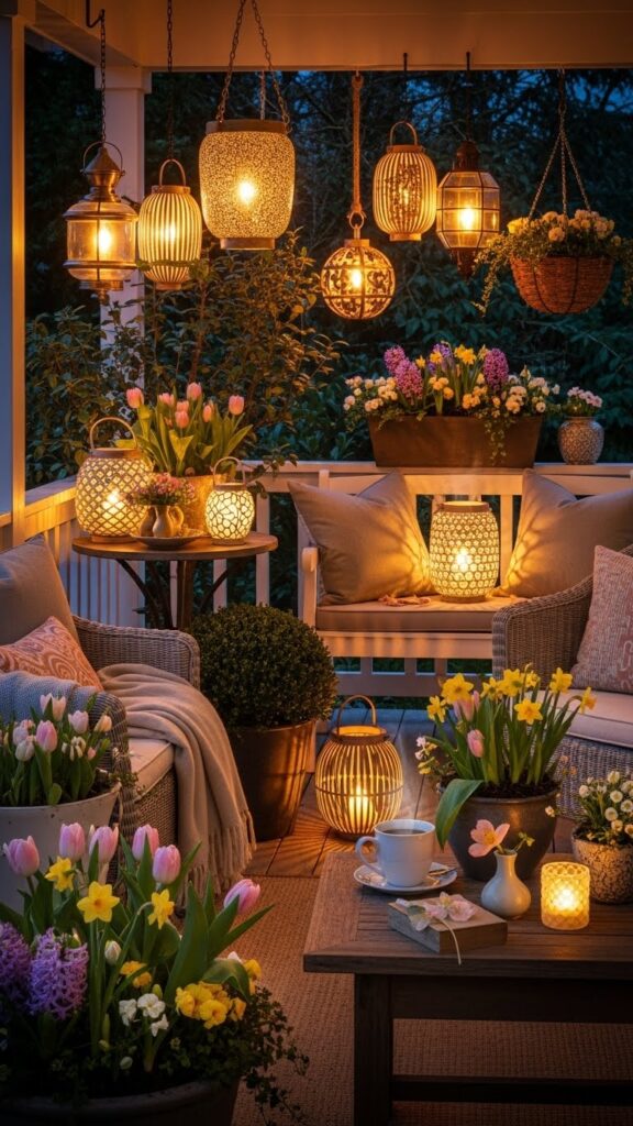 Decorative lanterns adding cozy lighting to spring porch decor