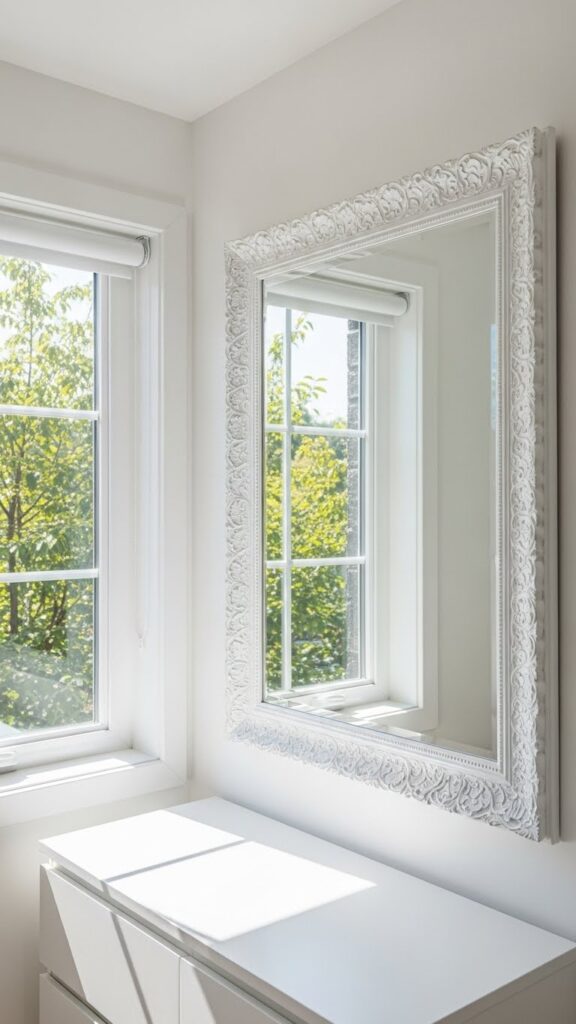 Large white-framed mirror positioned opposite window reflecting light and creating illusion of doubled space in small bedroom