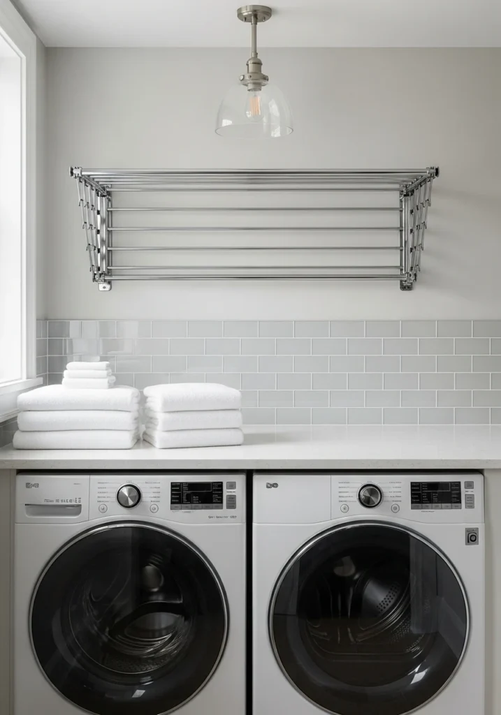 Laundry folding station with quartz countertop above washer and dryer