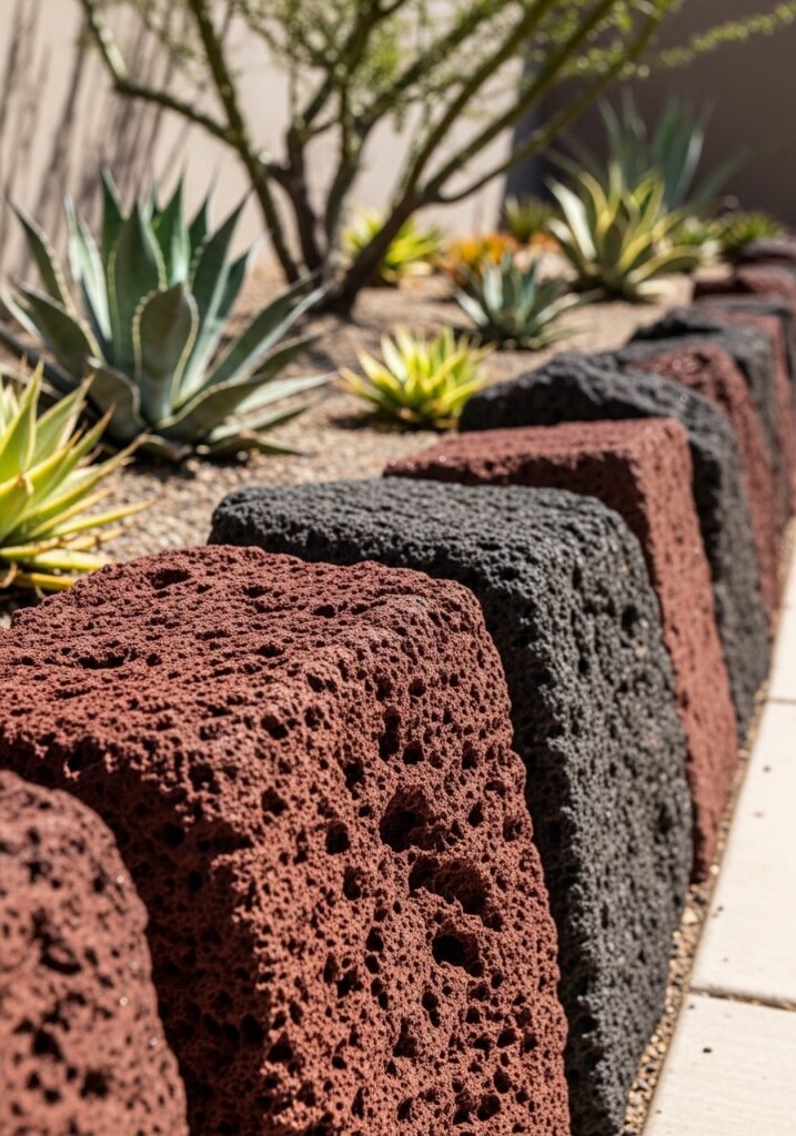 Red lava rock creating bold textured garden border for desert landscape