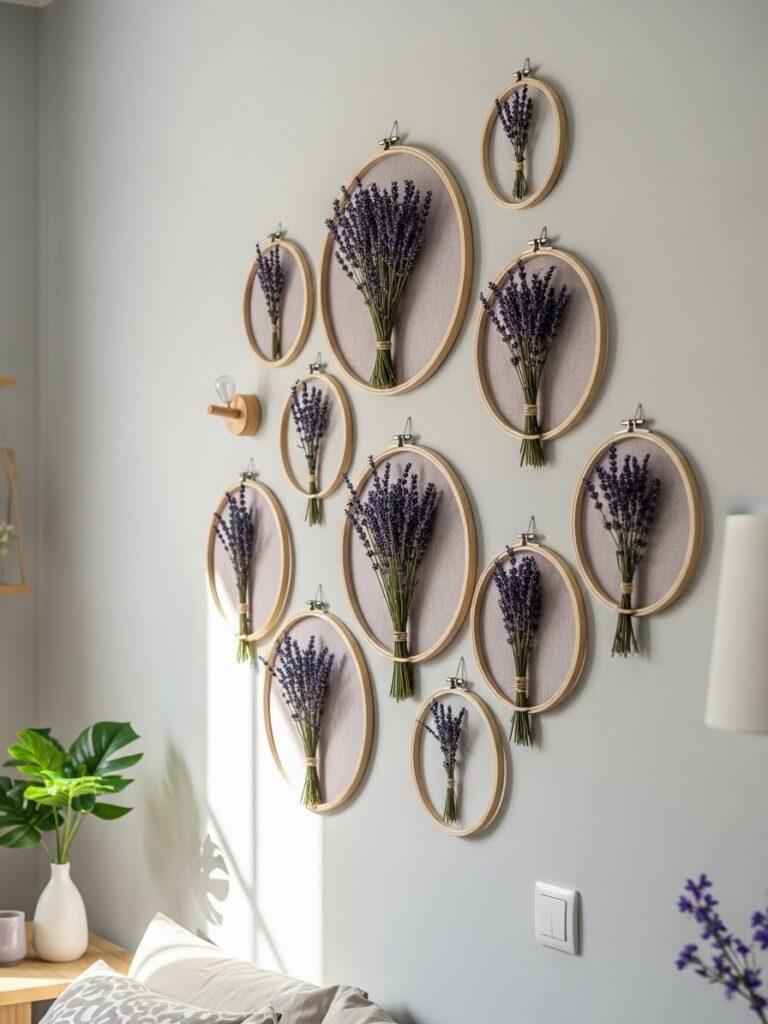 Lavender-filled embroidery hoops arranged on a wall as calming spring home decor indoors