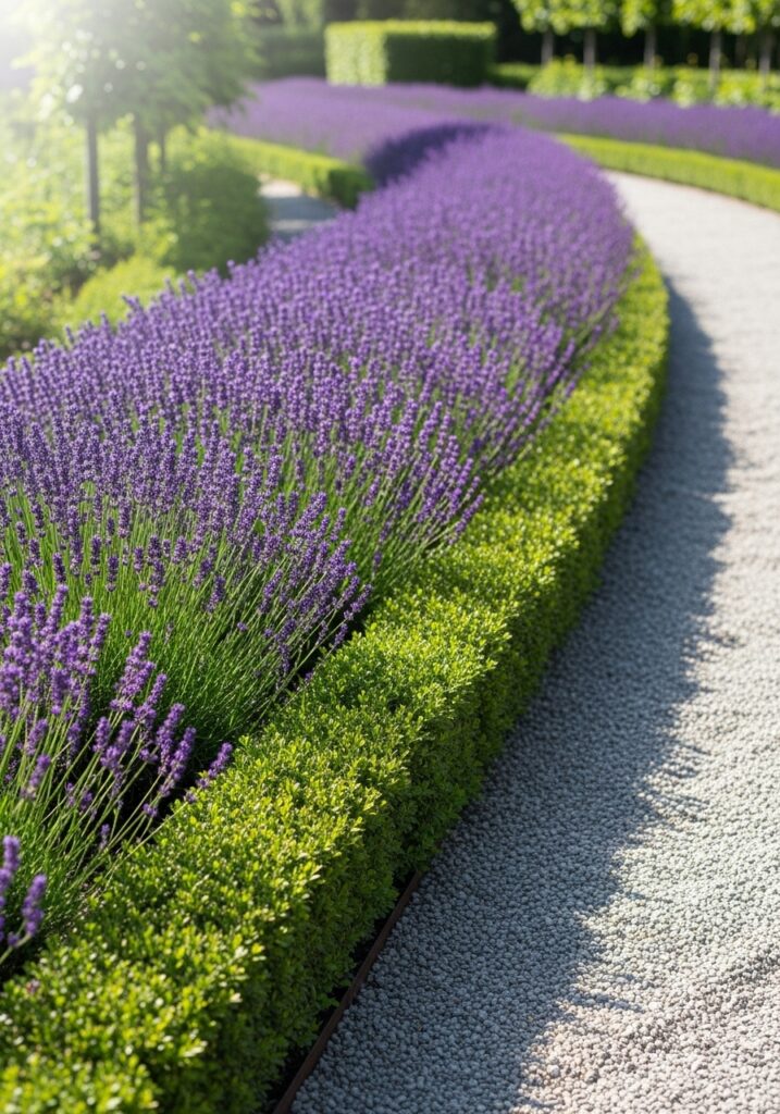  Purple lavender hedge creating fragrant flowering border along garden path