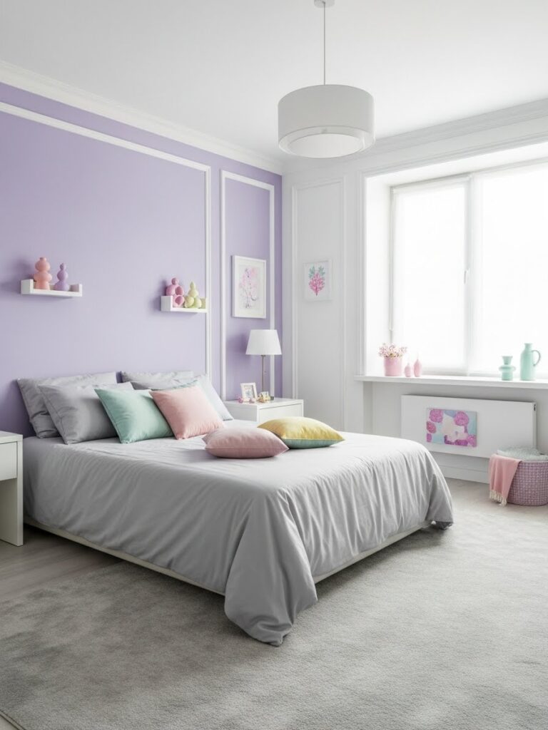 Lavender and light gray soft aesthetic bedroom with modern calm decor