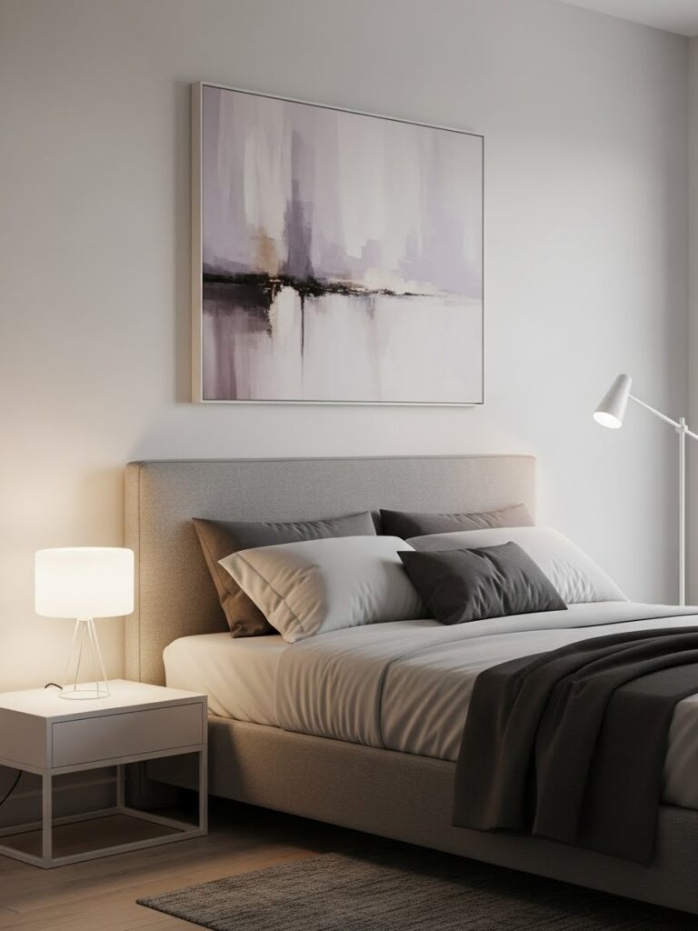 Soft lavender bedroom color palette paired with neutral modern tones