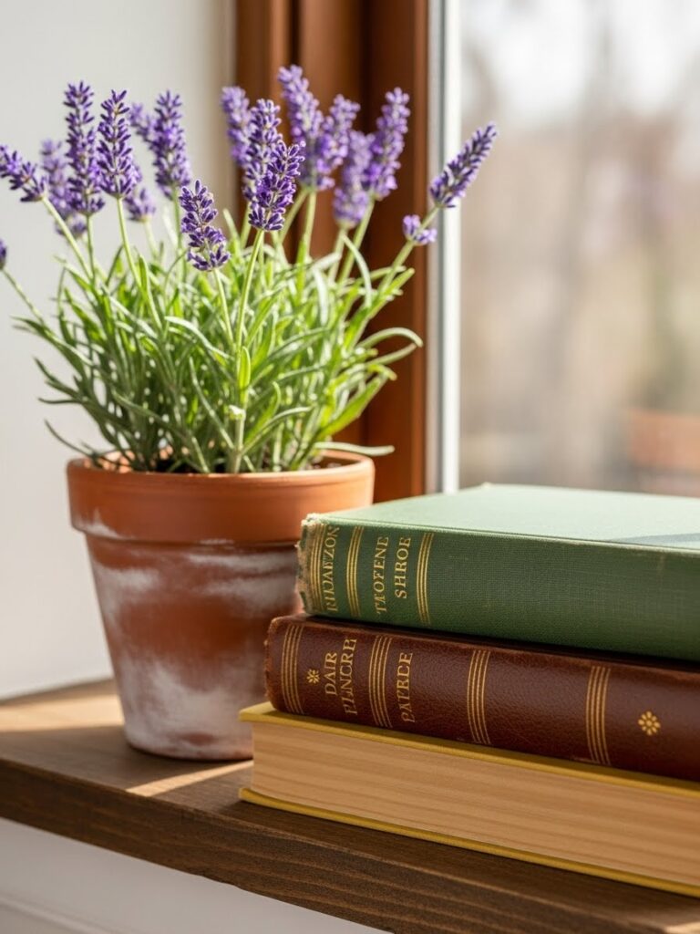 Close-up of lavender plant and books on a window shelf for spring styling