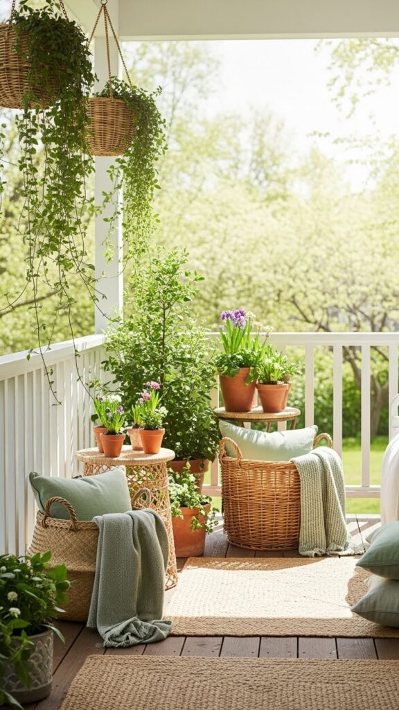 Layered greenery used in spring porch decor for a fresh and natural look