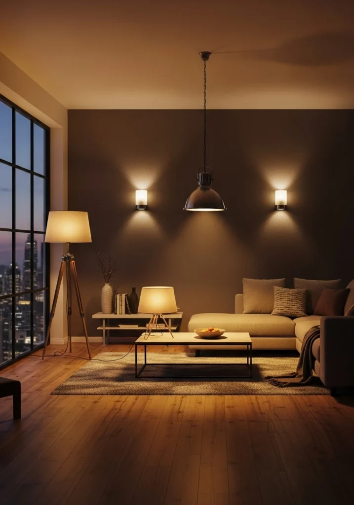  Living room with layered lighting from multiple sources creating ambiance