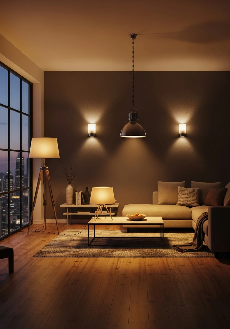 Living room with layered lighting from multiple sources creating ambiance