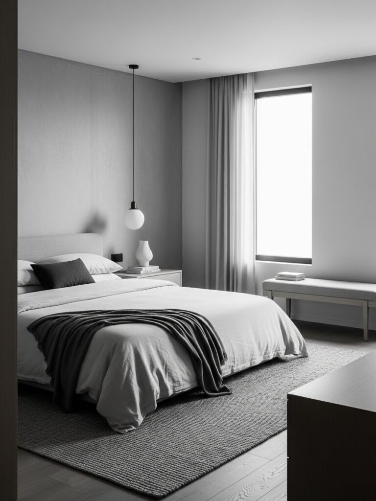 Modern bedroom with layered monochrome neutral color palette