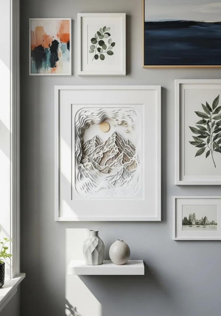 White layered paper mountain art in shadow box frame on gallery wall