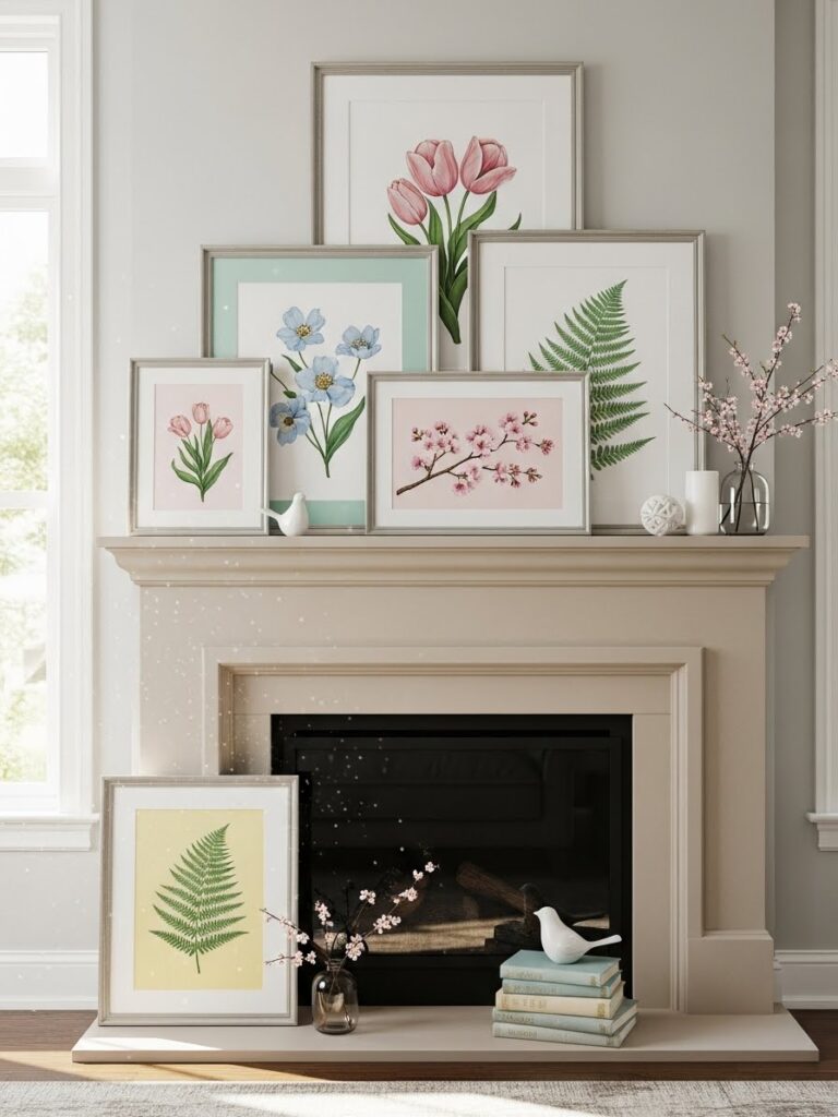 Layered spring artwork styled on a fireplace mantel for seasonal decor
