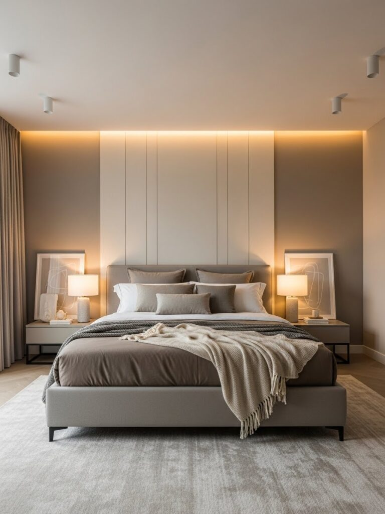 Layered taupe and cream bedroom color palette with a calm modern full room view