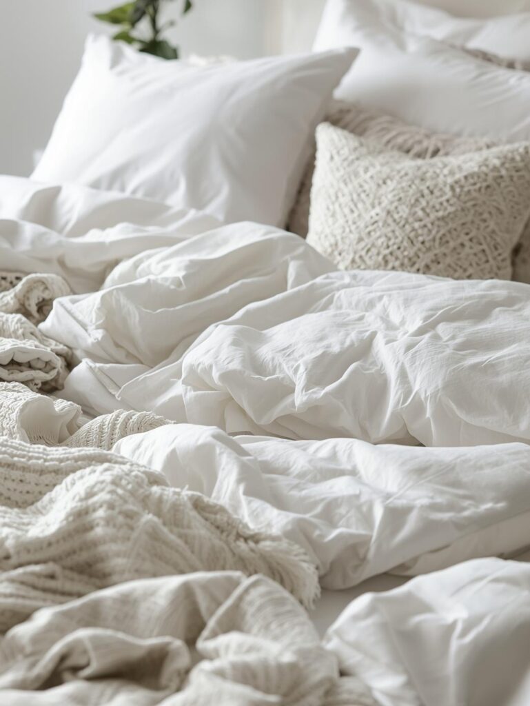 Cozy white bedroom with textured bedding and soft neutral layers