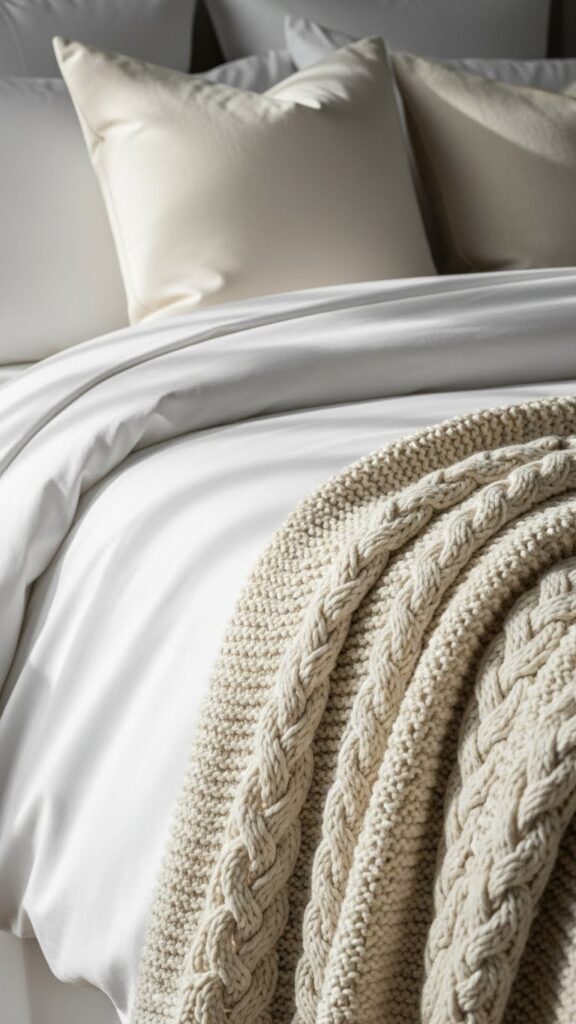 Closeup of layered white bed linens with chunky cream knit throw blanket showing cozy texture