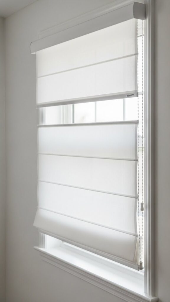 White roman shade layered with blackout roller shade showing dual light control system