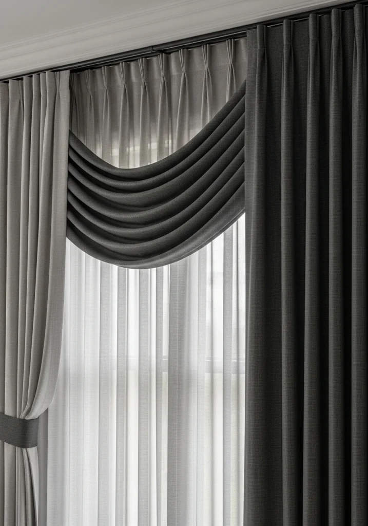 Layered curtains with sheers and drapes in living room