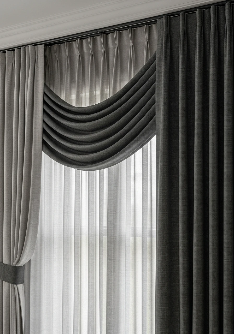 Layered curtains with sheers and drapes in living room