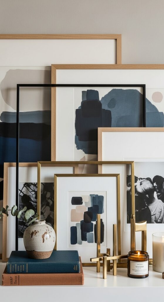 Framed art leaning casually on shelf creating effortless sophisticated look