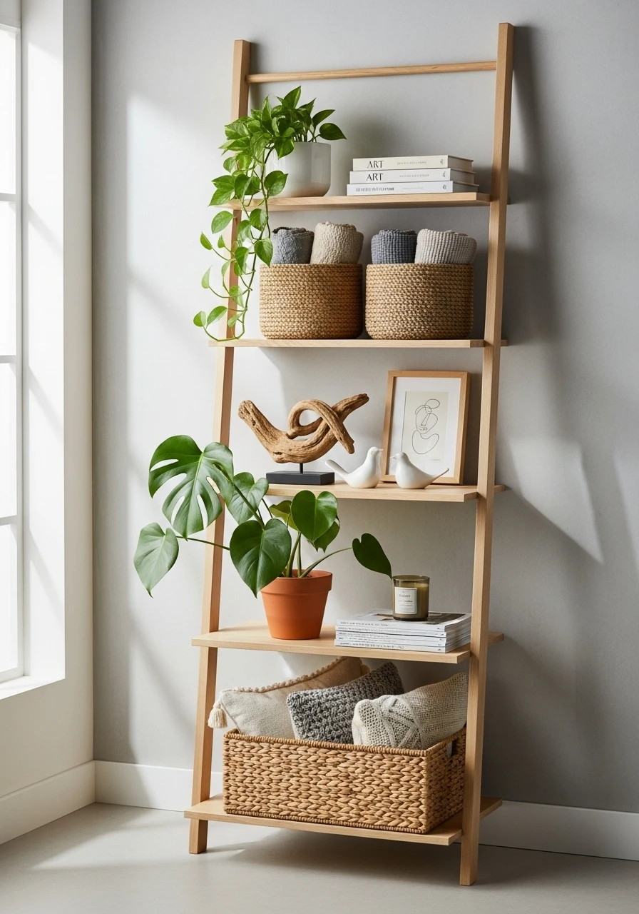 Leaning ladder shelf with plants and baskets in entryway