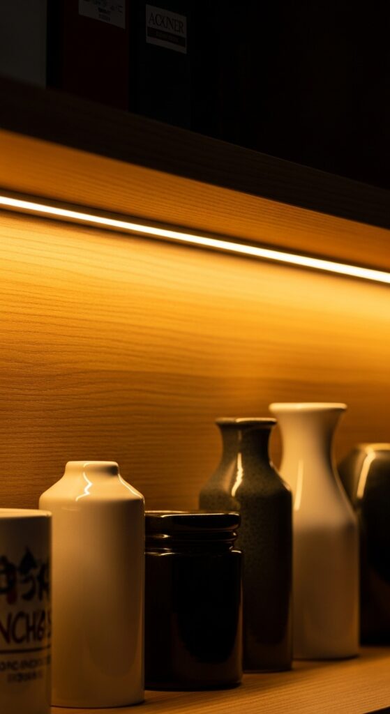 Close-up of LED strip light under shelf edge creating warm downlight