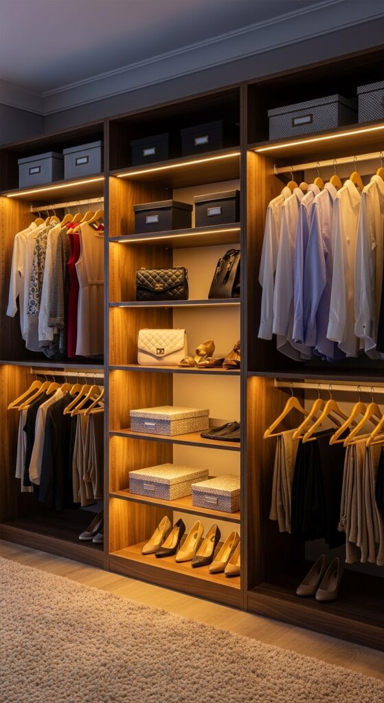 LED strip lighting installed in closet illuminating dark corners and clothing


