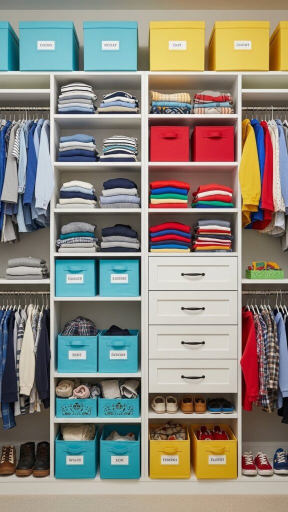 Shared kids closet with left side assigned to one child and right side to another showing fair space division