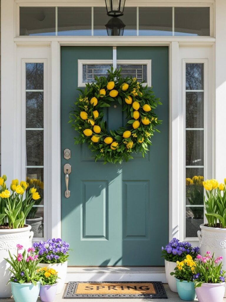 Lemon spring wreath on a clean front door with colorful flowers in side planters