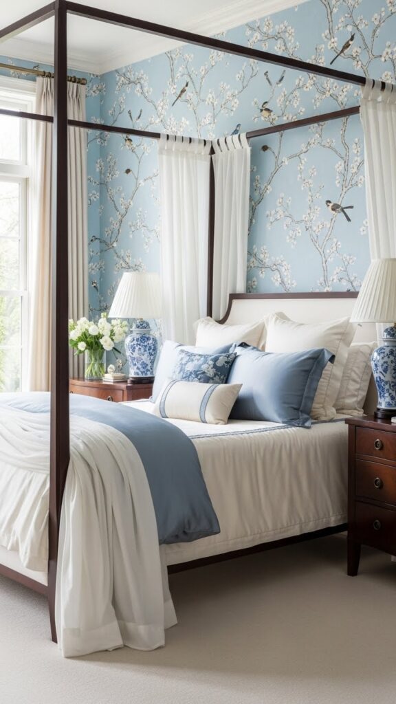Light blue chinoiserie wallpaper with cherry blossoms in sophisticated bedroom