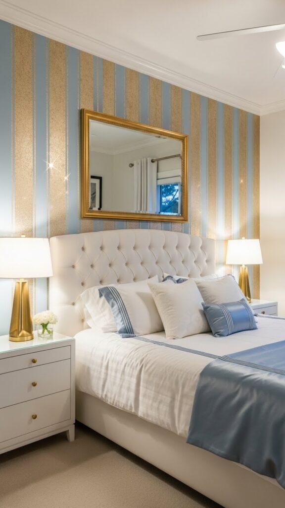 Light blue and gold metallic stripe wallpaper in elegant glamorous bedroom