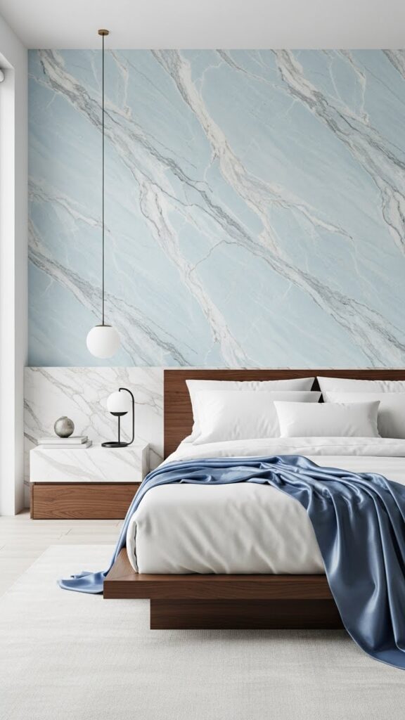 Light blue marble effect wallpaper with realistic veining in spa-like bedroom