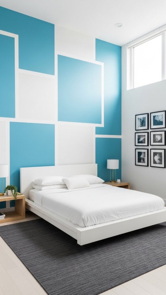 Light blue and white color block geometric wallpaper in modern bedroom