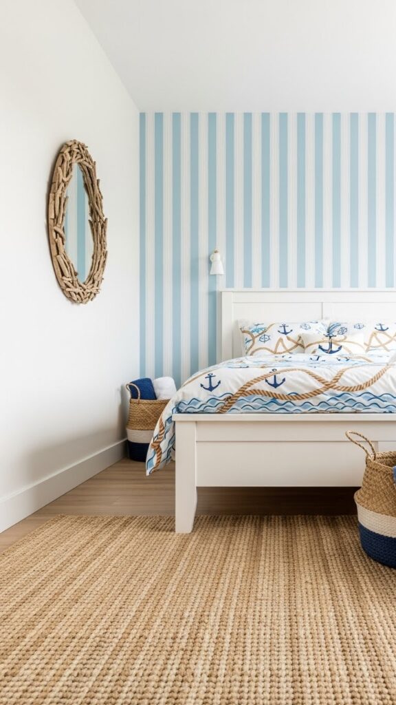 Light blue and white striped accent wall in coastal bedroom with full room view
