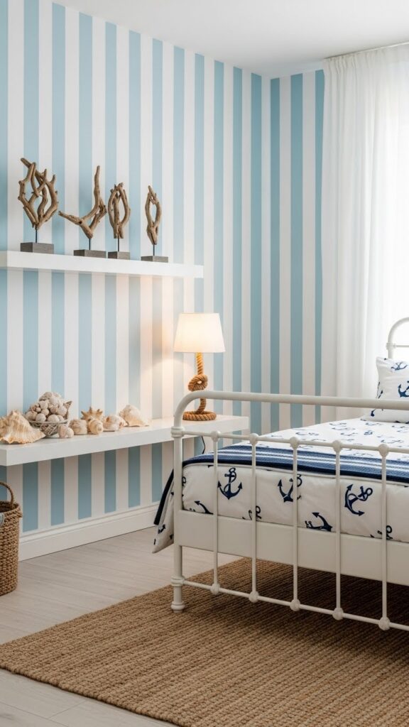 Light blue and white vertical striped wallpaper in coastal beach-style bedroom